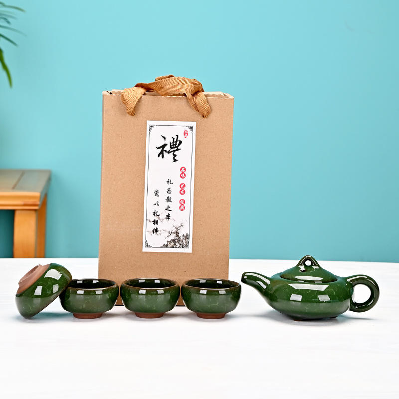 Juego de té con efecto craquelado, una tetera y cuatro tazas - verde oscuro.