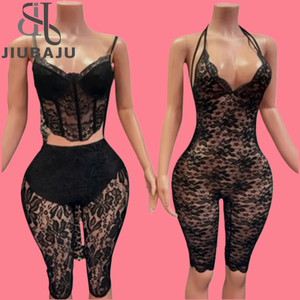 Tuta Sexy senza schienale in pizzo da <span class=keywords><strong>donna</strong></span> in pizzo sottile <span class=keywords><strong>canotta</strong></span> e pantaloncini set due pezzi - Product Image 1