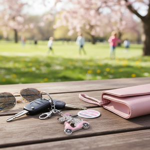 Portachiavi con Cane Rosa su Scooter con Strass e Chiusura in Metallo - Product Image 3