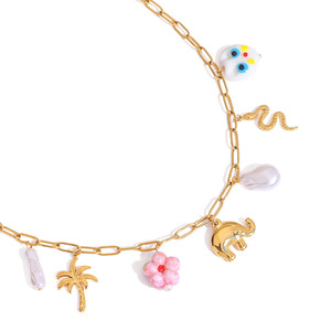 Collar con Dijes de Perlas, Palmera, Elefante, Serpiente y Calavera, Cadena Dorada para Uso Diario - Product Image 5