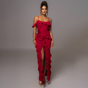 Robe de soirée longue, dos nu, fente, sans manches, couleur unie, volants sur le devant, taille haute, taille naturelle, respirante, origine Yiwu - Product Image 1
