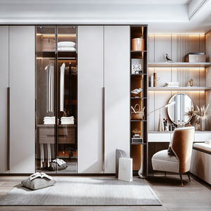 BALOM Tailored Modern Walk in Closet With Matte Finish Cabinets Glass <strong>Inserts</strong> LED Lighting and Attached Makeup Station - Product Image 1