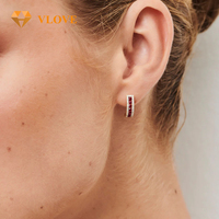 Boucles d'oreilles créoles en or massif 14 carats avec rubis de laboratoire et diamants de laboratoire pavés, bijoux fins pour femmes, à porter au quotidien