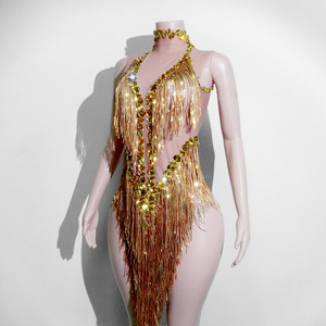 Justaucorps Scintillant Doré à Franges de Strass Lourds pour Spectacle Scénique, Showgirl, Diva, Drag Queen, Célébration - Product Image 5