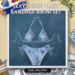 New <b>Men's</b> Two-piece <b>Bikini</b> Sexy Breathable Denim Print Swimsuit with Triangle Bandage - Product Image 2