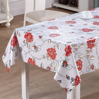 Nappe de table en PVC RNPT avec motifs floraux bordeaux imprimés au laser, base blanche et support en tissu pour tables à manger