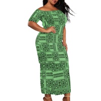 Vestido Samoano Puletasi Estilo Tapa Polinesio Verde Vintage para Mujer, Vestido de Fiesta de Un Hombro, Conjuntos de Top y Falda Tallas Grandes