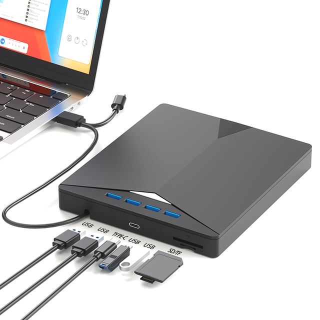 Laptop External Light Disk Drive with Four USB One Type C SD TF Interface DVD Burner 8X/24X Write Speed 4MB Cache