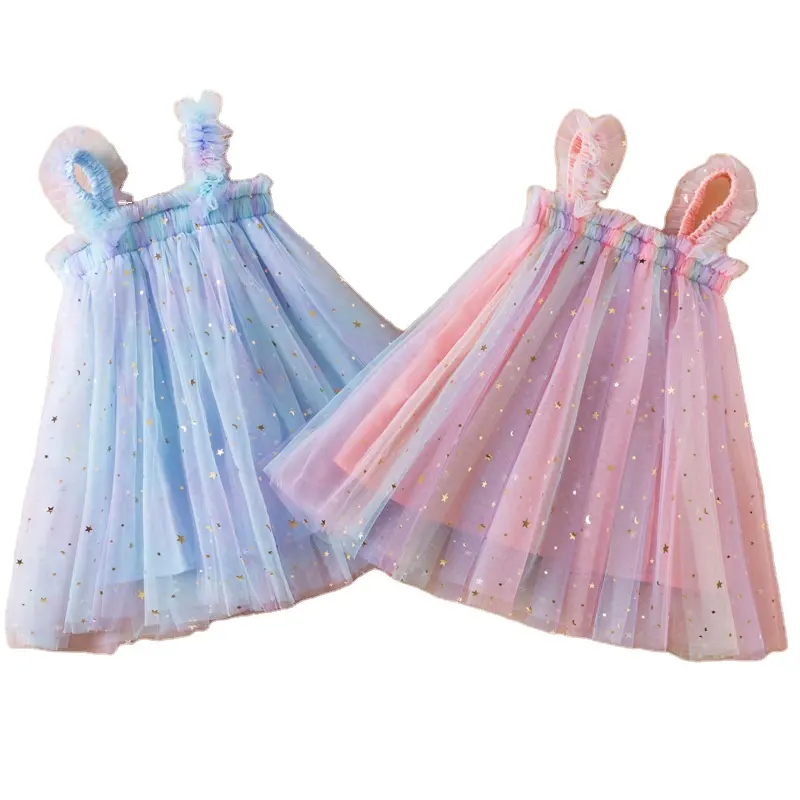 Gaun Tulle Tutu bayi balita perempuan, tanpa lengan gadis kecil berlapis pesta ulang tahun putri payet bintang Pastel gaun pelangi