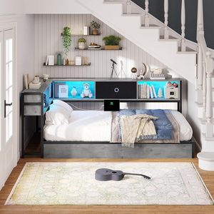 Cross-border metal wrought iron <b>bed</b> frame, simple corner floor-standing single <b>bed</b> with <b>LED</b> ambient lighting and drawer storage. - Product Image 1