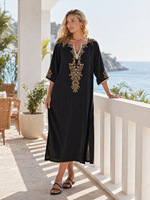 Robe Kaftan Midi Femme Noire Dorée à Broderie Florale Col en V Fendue sur le Côté Ample Cache-maillot de Plage Modeste Caftan de Resort