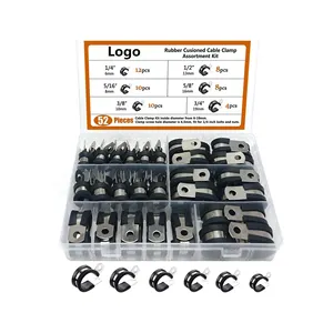 52pcs Cable Clamp Assortment Kit, Pipe Clamps Wire Clamps for Electric Wires, Rubber Cushioned Stainless Steel Cable Clamps