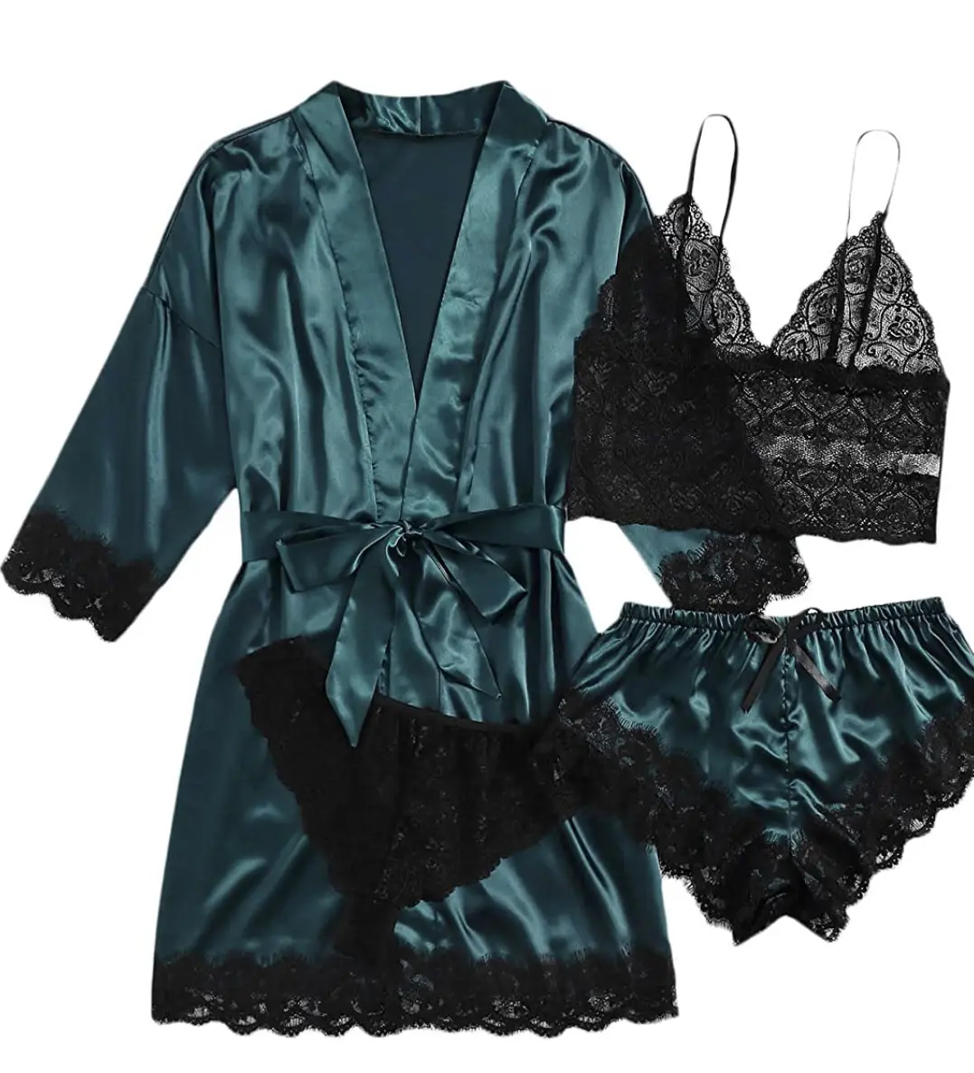 New Women's Pajamas 4 Piece Lace Satin Set with Nightgown Lingerie Pajamas Wholesale