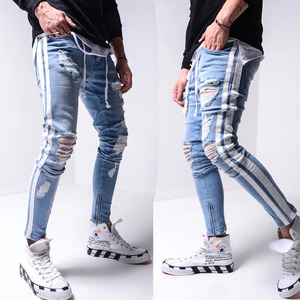 Pantalones Vaqueros Ajustados de Mezclilla Desgastada Azul con Cierre de Cremallera en el Tobillo y Raya Lateral Blanca para <span class=keywords><strong>Hombre</strong></span>, de Alta Calidad al por Mayor - Product Image 1