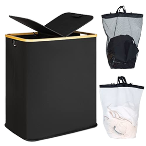 Cesto de Ropa Plegable de Bambú con Doble Sección y Tapa para Organización de Lavandería en el Dormitorio - Product Image 1