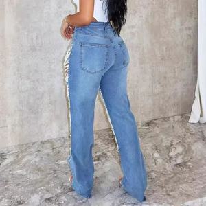 กางเกงยีนส์ทรงสกินนี่เอวต่ำคุณภาพสูงสำหรับฤดูใบไม้ร่วง ดีไซน์ขาดๆ แต่งมุก ปะติดปะต่อ สไตล์ OOTD กางเกงยีนส์ทรงขาบานสำหรับผู้หญิง - Product Image 2