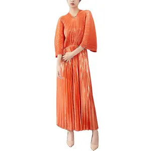 2024 Latest Design Metallic Polyester Pleated Dress Shiny Loose Fit Flared Pleated Long Dress Orange Green Blue Pink