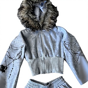 Sweat-shirt d'hiver surdimensionné pour homme, style gothique, à capuche, zippé, en polaire, avec col en fourrure et imprimé croix chaîne - Product Image 2