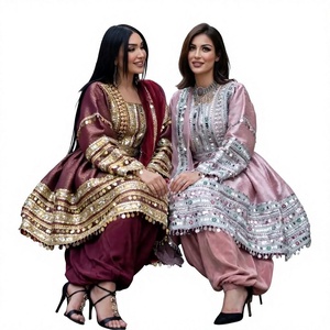 Robe traditionnelle afghane élégante avec broderie et perles, manches longues, coupe trapèze, style bohème, tenue formelle, tissu satiné - Product Image 1