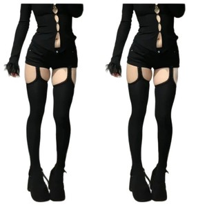 Black Four Way Strappy Velvet Pantyhose With 3D Lace Trim Cutouts On Thighs Faux <b>Suspender</b> <b>Tights</b> Opaque 10D Solid Color - Product Image 5