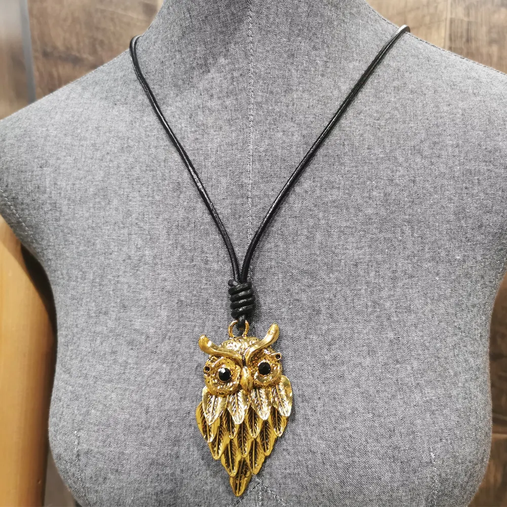 Owl Jewelry Owl Pendant Leather Cord Necklace for Men and Women