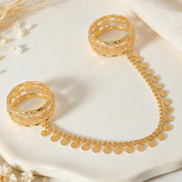 Bague double plaquée or 18 carats de luxe de Dubaï, avec pampille pièce de monnaie et chaîne, pour femme arabe, style vintage, bijou de main étanche