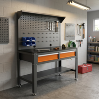 Station de travail industrielle avec tiroirs de rangement et panneau arrière perforé, établi de garage en acier de qualité pour l'organisation des outils