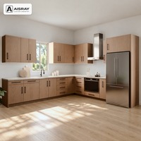 Meuble de cuisine moderne stratifié avec portes à battants, aménagement en L, dimensions personnalisées, rangement par tiroirs et boîtes de rangement en contreplaqué