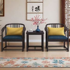 Juego de Sillones de Madera Maciza Estilo Chino, 3 Piezas, Sillón de Salón con Cojín Amarillo y Asiento Azul - Product Image 1