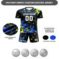Ensemble de maillots de football personnalisés noir, bleu et jaune, fabrication directe d'usine OEM ODM pour équipe de football
