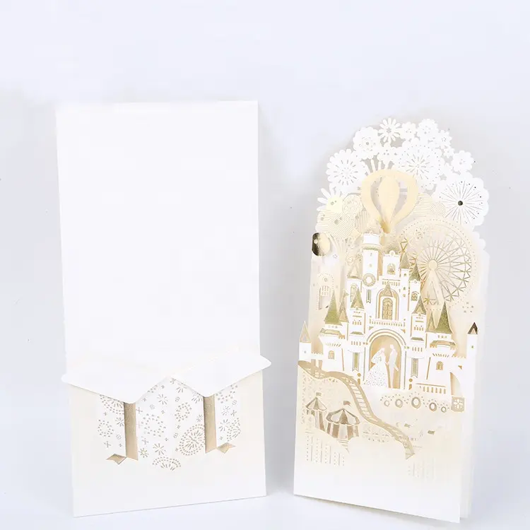 Papel artístico de corte láser plegable, tarjeta de invitación de felicitación y boda con papel de aluminio dorado, regalo 3D blanco