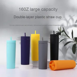 Modern Portable 16 Oz Eco-Friendly Skinny Matte Double Wall Straw Cups With Lids Tumbler Coffee <b>Mug</b> <b>Plastic</b> Bottle - Product Image 2