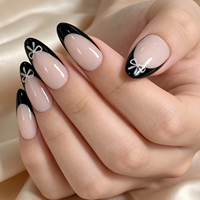Lot de 24 faux ongles noirs personnalisés en amande avec nœud mignon, réutilisables, pour salon de beauté, vente en gros sous marque privée