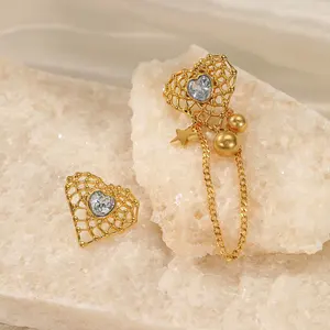 New Fashion Vintage Chunky Jewelry Women Asymmetrical Gold Plated Stainless Steel Zircon Heart Shape Earrings