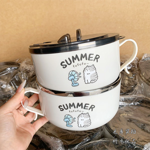 Tazón de fideos de acero inoxidable con diseño de gato de dibujos animados, con tapa, redondo, drenable, estilo japonés, para estudiantes y adolescentes - Product Image 2