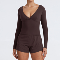 Ensemble de yoga pour femme : Haut de sport sans dos à col halter et col en V, rembourré, à manches longues, séchage rapide, coupe ample, avec soutien-gorge intégré, et pantalon évasé