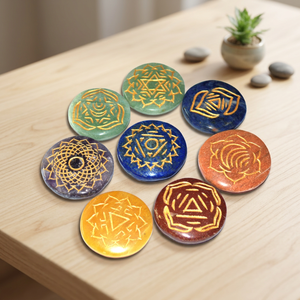 Handmade Gemstone <b>Chakra</b> Stones <b>Set</b> Carved With Sacred Symbols Circle Shape Art Collectible Reiki Theme - Product Image 5