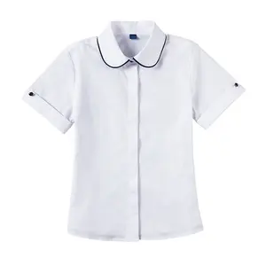 Baju musim panas kerah bundar gaya sederhana, baju anak perempuan lengan pendek berkancing, baju putih seragam sekolah dasar
