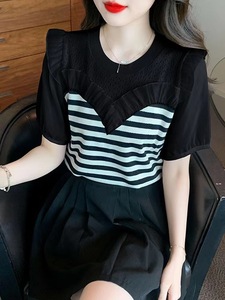 Vêtements pour femmes Mode estivale Patchwork coréen Couleurs contrastées Col en O Femme All-match Fashionable Striped Short Sleeve Tops - Product Image 3