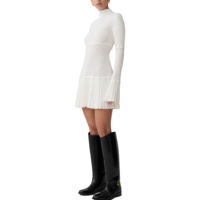 Groothandel op maat gemaakte logo ontwerp OEM zachte ivoor mock neck slim fit gebreide mini jurk pointelle viscose gebreide dames trui jurk