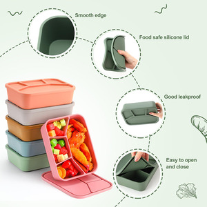 Boîtes à aliments rectangulaires étanches lisses Boîte à bento en silicone Conteneur à déjeuner réutilisable Boîtes à collation à 4 compartiments avec couvercle - Product Image 3