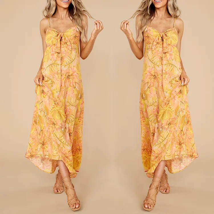 HL Manufacturer Summer Women Long Maxi Bohemian Dress Wholesale Custom Yellow Floral Print Boho Beach Spring Dress