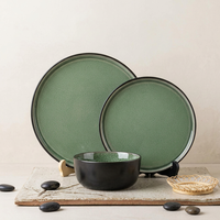 EKA Service de vaisselle style américain à glaçure réactive verte, 12 pièces, assiettes et bols en céramique, service de vaisselle en porcelaine