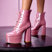 Bottines à plateforme roses chic en cuir verni pour femme, à talon carré épais, à lacets, avec fermeture éclair latérale et tirette, vente en gros