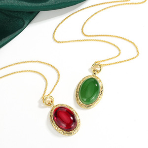 9 Wholesale imitation jadeite <b>Ruby</b> jewelry Copper Gold Plated Smooth 18*25MM Oval Cut cubic zirconia pendant <b>necklace</b> - Product Image 2