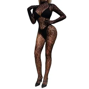 Macacão de malha sexy com estampa de leopardo preto para mulheres, macacão streetwear sexy para mulheres