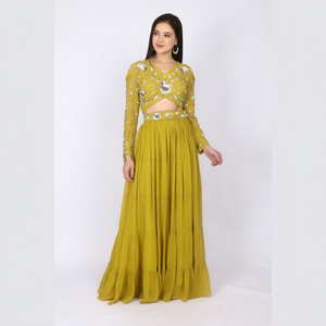 Colección de ropa de diseñador moderna, conjunto de vestido de 2 piezas con hermosas cuentas y trabajo de lentejuelas en las mangas y el cinturón de la falda. - Product Image 1