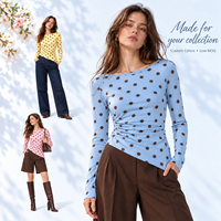 Dymf Premium Custom Polka Dot Knit Long Sleeve Women T-Shirt Crew Neck Stretch Fitted Tee Shirts Gaya Liburan Kencan