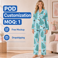 Pyjama personnalisé de Noël en polyester pour femme, motif arbre aquatique et canne à sucre, col cranté, livraison directe, MOQ 1 pièce