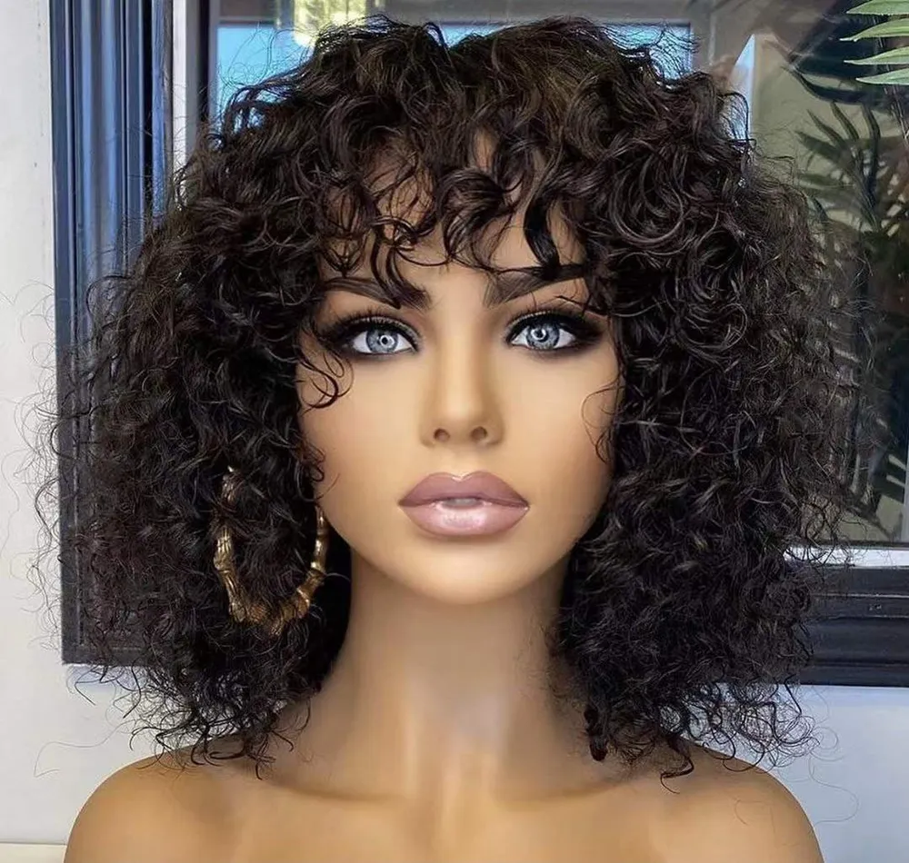 8 Inch Water Waves Fringe Wig Wholesale Short Curly Wigs With Bang Raw Brazilian Bob Wigs Human Hair Lace Front For Black Women